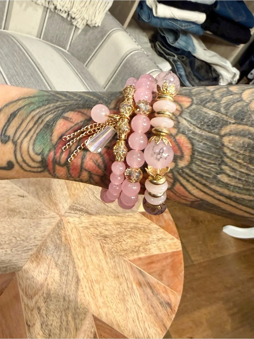 Pink Beaded Gold Accent Stretch Bracelet Set
